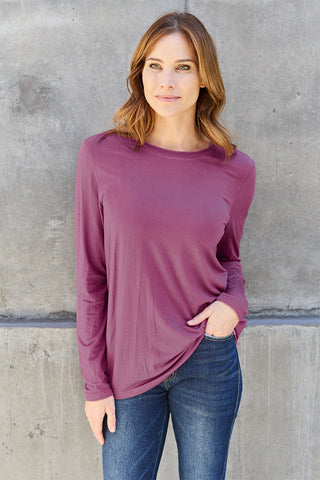 Shop Mauve Basic Bae Full Size Round Neck Long Sleeve Top - High-Quality U.S. Made Women’s Fashion with Free & Fast Shipping