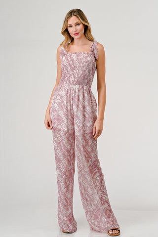 Shop Mauve GeeGee Printed Tie Shoulder Wide Leg Jumpsuit - High-Quality U.S. Made Women’s Fashion with Free & Fast Shipping