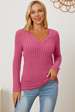 Shop Basic Bae Full Size Ribbed V-Neck Long Sleeve T-Shirt - High-Quality U.S. Made Women’s Fashion with Free & Fast Shipping