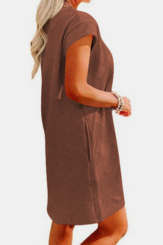 Shop Brown Textured Round Neck Cap Sleeve Dress - High-Quality U.S. Made Women’s Fashion with Free & Fast Shipping