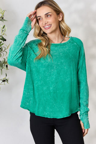 Shop Kelly Green Zenana Round Neck Long Sleeve Top - High-Quality U.S. Made Women’s Fashion with Free & Fast Shipping