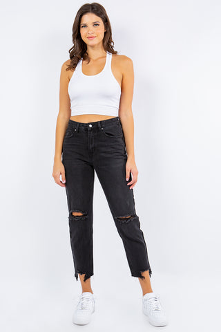 Shop American Bazi High Waist Distressed Cropped Straight Jeans - High-Quality U.S. Made Women’s Fashion with Free & Fast Shipping