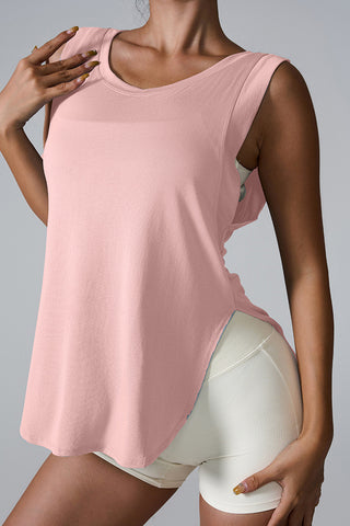 Shop Blush Pink Slit Round Neck Active Tank - High-Quality U.S. Made Women’s Fashion with Free & Fast Shipping