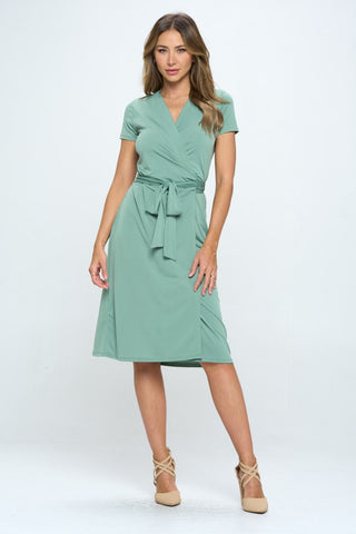 Shop Green RENEE C Tie Front Surplice Short Sleeve Dress - High-Quality U.S. Made Women’s Fashion with Free & Fast Shipping