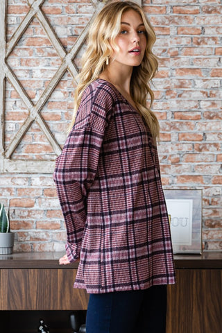 Shop Heimish Full Size Plaid V-Neck Long Sleeve Top - High-Quality U.S. Made Women’s Fashion with Free & Fast Shipping