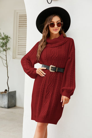 Shop Woven Right Mixed Knit Turtleneck Lantern Sleeve Sweater Dress - High-Quality U.S. Made Women’s Fashion with Free Fast Shipping