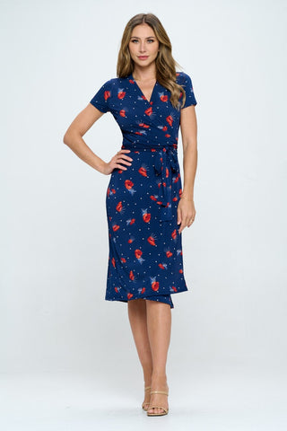 Shop RENEE C Floral Tie Front Surplice Short Sleeve Dress - High-Quality U.S. Made Women’s Fashion with Free & Fast Shipping