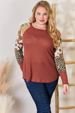 Shop Hailey & Co Full Size Leopard Waffle-Knit Blouse - High-Quality U.S. Made Women’s Fashion with Free & Fast Shipping