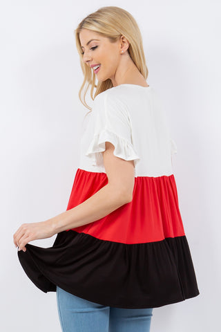 Shop Celeste Full Size Color Block Ruffled Short Sleeve Top - High-Quality U.S. Made Women’s Fashion with Free & Fast Shipping