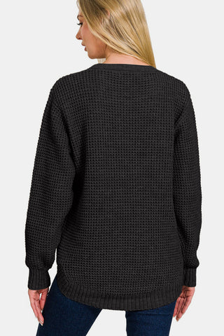 Shop Zenana High Low Long Sleeve Waffle Sweater - High-Quality U.S. Made Women’s Fashion with Free & Fast Shipping