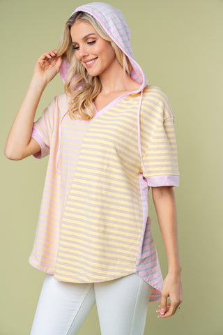 Shop Pink Combo White Birch Full Size Striped Short Sleeve Drawstring Hooded Top - High-Quality U.S. Made Women’s Fashion with Free & Fast Shipping