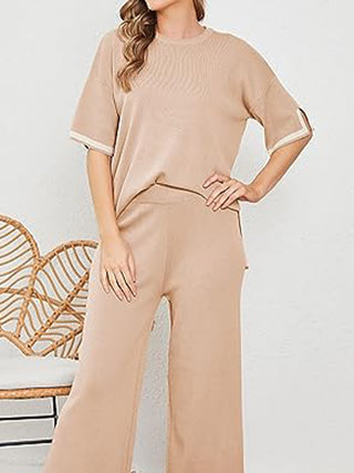 Shop Contrast High-Low Sweater and Knit Pants Set - High-Quality U.S. Made Women’s Fashion with Free Fast Shipping