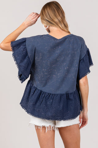 Shop SAGE + FIG Ruffle Sleeve Washed Short Sleeve Blouse - High-Quality U.S. Made Women’s Fashion with Free & Fast Shipping