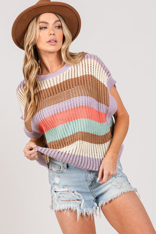 Shop SAGE + FIG Color Block Striped Crochet Sweater - High-Quality U.S. Made Women’s Fashion with Free & Fast Shipping