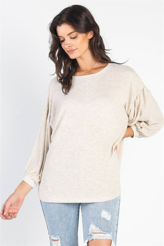 Shop Oatmeal Ivory Cherish Apparel Drop Shoulder Puff Sleeve Top - High-Quality U.S. Made Women’s Fashion with Free & Fast Shipping