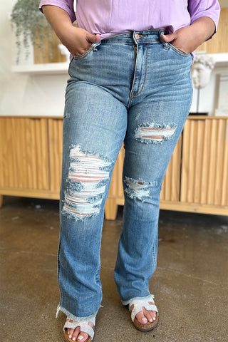 Shop Judy Blue Full Size Distressed Raw Hem Bootcut Jeans - High-Quality U.S. Made Women’s Fashion with Free & Fast Shipping