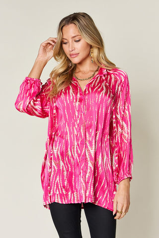 Shop Hot Pink Double Take Full Size Printed Button Up Long Sleeve Shirt - High-Quality U.S. Made Women’s Fashion with Free & Fast Shipping