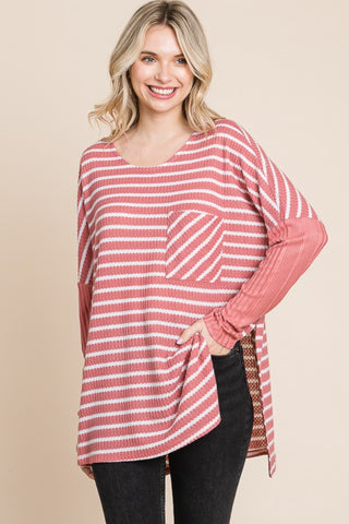 Shop DUSTY ROSE COMBO Culture Code Oversize Striped Round Neck Long Sleeve Slit T-Shirt - High-Quality U.S. Made Women’s Fashion with Free & Fast Shipping