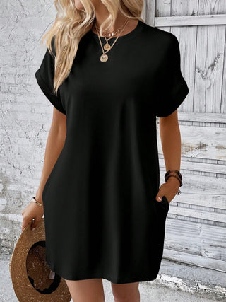 Shop Black Round Neck Short Sleeve Mini Dress - High-Quality U.S. Made Women’s Fashion with Free & Fast Shipping