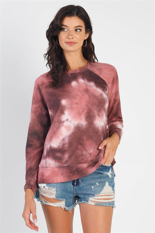 Shop Mauve Cherish Apparel Tie-Dye Round Neck Long Sleeve Sweatshirt - High-Quality U.S. Made Women’s Fashion with Free & Fast Shipping