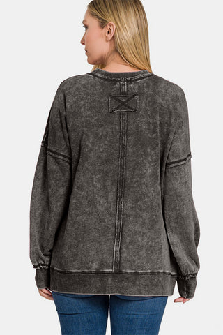 Shop Zenana Exposed Seam Round Neck Dropped Shoulder Sweatshirt - High-Quality U.S. Made Women’s Fashion with Free & Fast Shipping