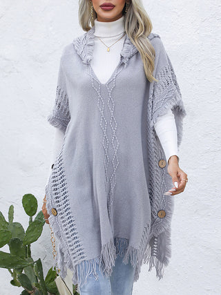 Shop Fringe Trim Buttoned Hooded Poncho - High-Quality U.S. Made Women’s Fashion with Free Fast Shipping