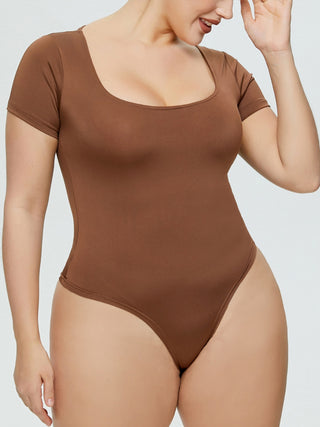 Shop Brown Full Size Square Neck Short Sleeve Bodysuit - High-Quality U.S. Made Women’s Fashion with Free & Fast Shipping