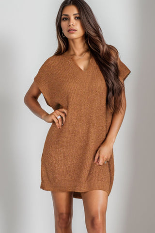 Shop Notched Cap Sleeve Mini Sweater Dress - High-Quality U.S. Made Women’s Fashion with Free Fast Shipping