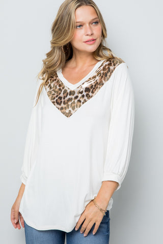 Shop Celeste Full Size Leopard Contrast Balloon Sleeve Top - High-Quality U.S. Made Women’s Fashion with Free & Fast Shipping