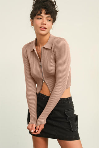 Shop Taupe HYFVE Ribbed Double Zip Cropped Cardigan - High-Quality U.S. Made Women’s Fashion with Free & Fast Shipping