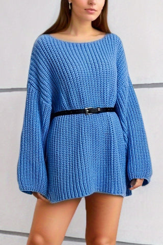 Shop Sky Blue One Size Boat Neck Dropped Shoulder Mini Sweater Dress - High-Quality U.S. Made Women’s Fashion with Free & Fast Shipping