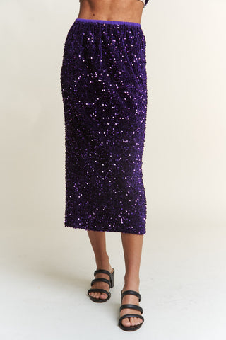 Shop Royal Purple J.NNA Sequin Back Slit Midi Skirt - High-Quality U.S. Made Women’s Fashion with Free & Fast Shipping