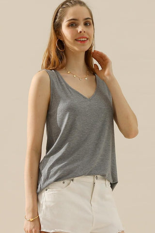 Shop H GREY Ninexis Full Size V-Neck Curved Hem Tank - High-Quality U.S. Made Women’s Fashion with Free & Fast Shipping