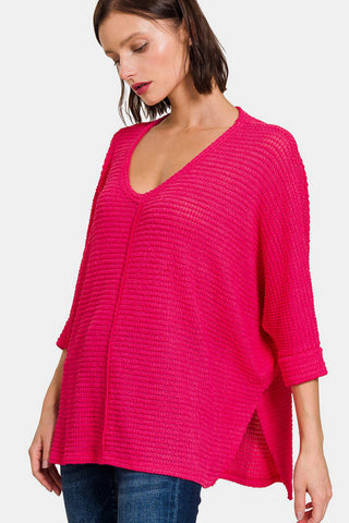 Shop Viva Magenta Zenana V-Neck High-Low Jacquard Knit Top - High-Quality U.S. Made Women’s Fashion with Free & Fast Shipping