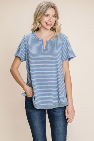 Shop Cotton Bleu by Nu Lab Slit Striped Notched Short Sleeve T-Shirt - High-Quality U.S. Made Women’s Fashion with Free & Fast Shipping