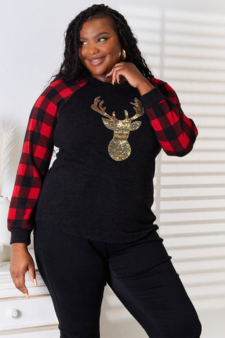 Shop Heimish Full Size Sequin Reindeer Graphic Plaid Top - High-Quality U.S. Made Women’s Fashion with Free & Fast Shipping