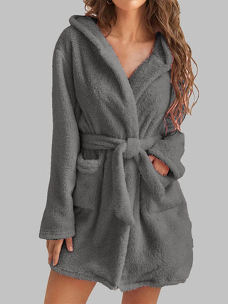 Shop Charcoal Tie Waist Hooded Robe - High-Quality U.S. Made Women’s Fashion with Free & Fast Shipping