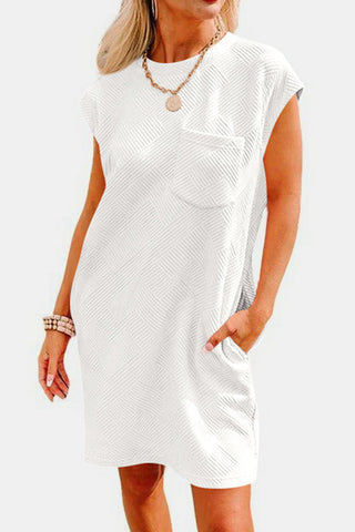 Shop Textured Round Neck Cap Sleeve Dress - High-Quality U.S. Made Women’s Fashion with Free & Fast Shipping