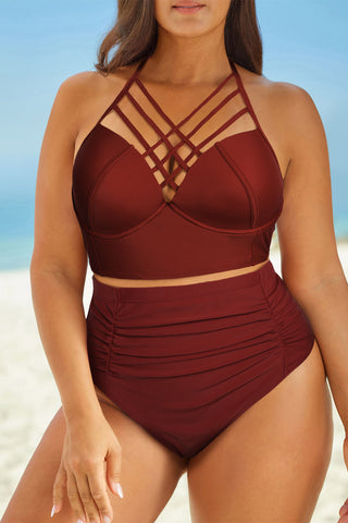 Shop Rust Full Size Halter Neck Crisscross Ruched Two-Piece Swimsuit - High-Quality U.S. Made Women’s Fashion with Free & Fast Shipping