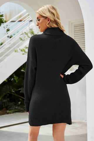 Shop Rib-Knit Turtleneck Drop Shoulder Sweater Dress - High-Quality U.S. Made Women’s Fashion with Free & Fast Shipping