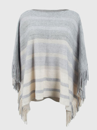 Shop Striped Boat Neck Poncho with Fringes - High-Quality U.S. Made Women’s Fashion with Free Fast Shipping