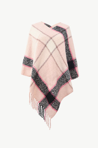 Shop Watermelon pink One Size Plaid Fringe Detail Poncho - High-Quality U.S. Made Women’s Fashion with Free & Fast Shipping