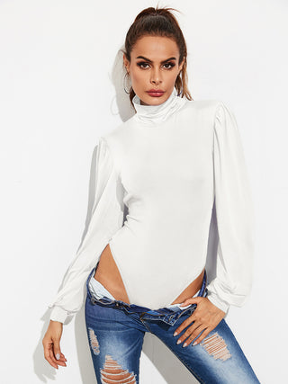 Shop Backless Tie-Waist Turtleneck Lantern Sleeve Bodysuit - High-Quality U.S. Made Women’s Fashion with Free & Fast Shipping