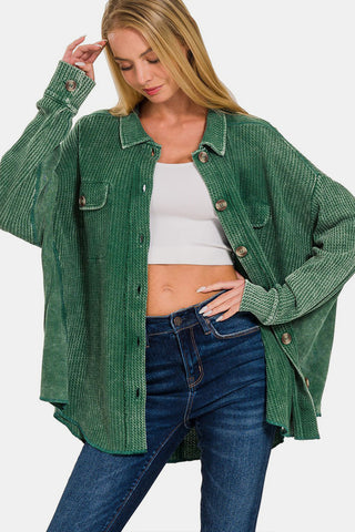 Shop DKGREEN Zenana Button Up Washed Waffle Shacket - High-Quality U.S. Made Women’s Fashion with Free & Fast Shipping