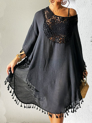 Shop Black One Size Tassel Cutout Scoop Neck Cover-Up Dress - High-Quality U.S. Made Women’s Fashion with Free & Fast Shipping