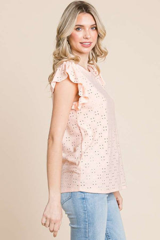 Shop Culture Code Eyelet Round Neck Ruffled Cap Sleeve Top - High-Quality U.S. Made Women’s Fashion with Free & Fast Shipping