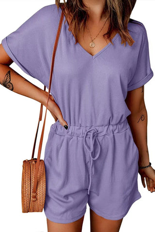 Shop Full Size Drawstring V-Neck Short Sleeve Romper - High-Quality U.S. Made Women’s Fashion with Free Fast Shipping