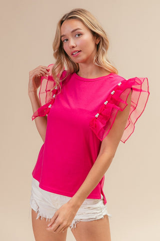 Shop BiBi Pearl Decor Mesh Ruffle Sleeve Top - High-Quality U.S. Made Women’s Fashion with Free & Fast Shipping