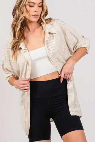 Shop TAUPE SAGE + FIG Striped Button Up Long Sleeve Shirt - High-Quality U.S. Made Women’s Fashion with Free & Fast Shipping