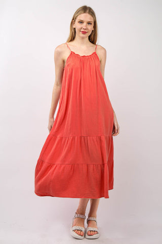 Shop Coral VERY J Ruffled A-Line Midi Cami Dress - High-Quality U.S. Made Women’s Fashion with Free & Fast Shipping